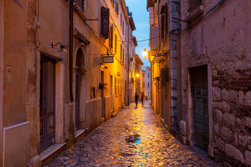 Beautiful street in Rovinj after rain at night in Istria, Croatia