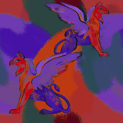 Seamless pattern with mythological animal. Pattern made of Griffins with the body, tail, and back legs of a lion, the head and wings of an eagle and abstract background with paint spots.