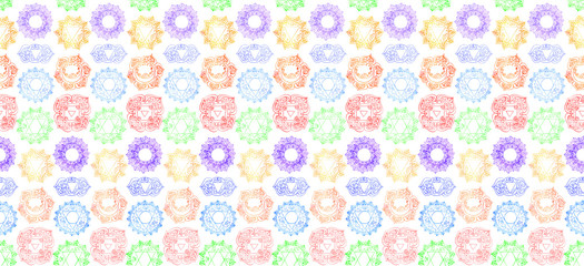 Chakras seamless pattern Colorful Meditation Yoga background