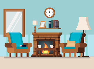 Cozy home living room or cabinet interior scene with coffee table, lamps, two armchairs, pillows,wall clock, books, cups, fireplace with flame, book shelf in cartoon flat style. Vector illustration.