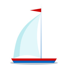 Isolated icon of cartoon blue and red sailboat with one sail on white background. Vector flat design illustration. Children marine style design element.