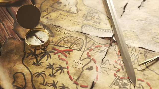 Old, worn handmade treasure map on a cartoon tavern table with sword and compass