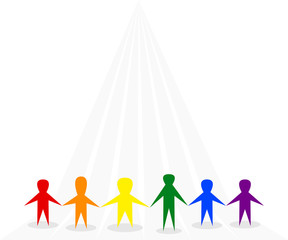 Symbol of people standing together on gray background, use LGBTQ symbolic rainbow colors (red, orange, yellow, green, blue, purple), vector illustration. Friendship, LGBT, teamwork, concepts.