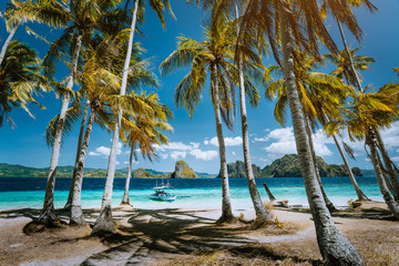 Ipil beach in front of unique Pinagbuyatan Island with huge limestone cliffs and coconut palm...