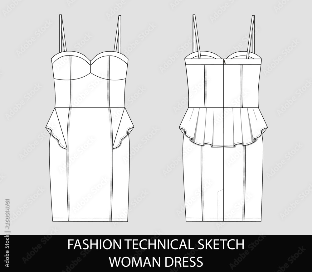 Wall mural Fashion technical sketch of women middle dress - Wall murals