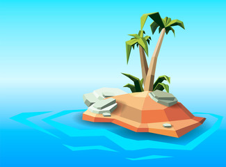 Tropical island with two polygon palm trees, concept poster for the holidays and vacation. Summer paradise vector illustration.