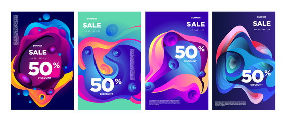 Vector summer sale 50% discount with fluid colorful background. Summer banner, website, poster, and sales promotion background set.