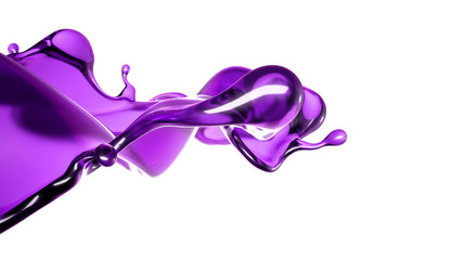 A splash of transparent liquid of a purple color on a white background. 3d illustration, 3d rendering.