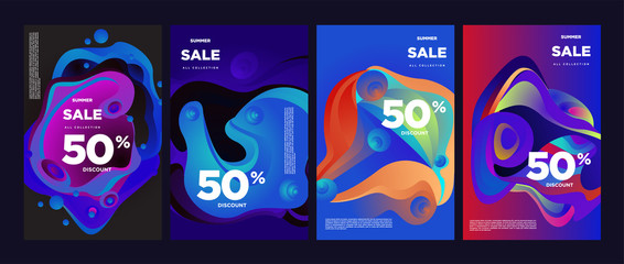 Vector summer sale 50% discount with fluid colorful background. Summer banner, website, poster, and sales promotion background set.