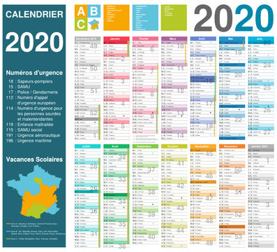 Calendrier 2020 14 mois avec vacances scolaires officielles entièrement modifiable via calques et texte arial	