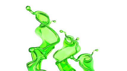 Splash of transparent liquid of a green color on a white background. 3d illustration, 3d rendering.