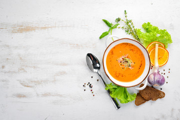 Pea soup. In the plate. Rustic style. Top view. Free space for your text.