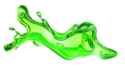 Splash of transparent liquid of a green color on a white background. 3d illustration, 3d rendering.