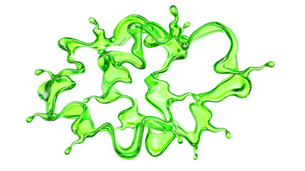 Splash of transparent liquid of a green color on a white background. 3d illustration, 3d rendering.