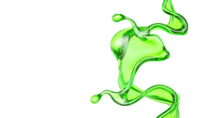 Splash of transparent liquid of a green color on a white background. 3d illustration, 3d rendering.