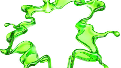 Splash of transparent liquid of a green color on a white background. 3d illustration, 3d rendering.