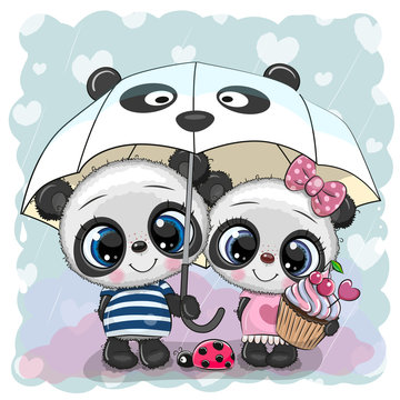 Two cartoon pandas with umbrella under the rain