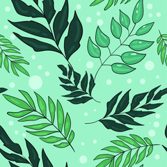 Vector colorful seamless pattern with leaf and leaves. Leaf and flower on blue cute background. Wallpaper and textile idea. Wrapping paper design. Good for printing.