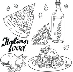 Vector contour doodle illustration on white background. Italian food: pizza, mozzarella, pasta, olive oil and tomatoes. postcard and logo ideas. Good for printing.