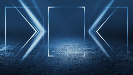 Empty background scene. Dark street reflection on the wet pavement. Rays  neon light in the dark, neon figures, smoke. Night view of the street, the city. Abstract dark background.