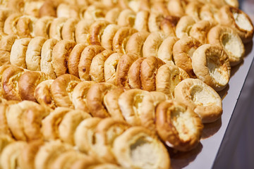 Fresh lush hand-made cheesecakes. Banquet table. Catering