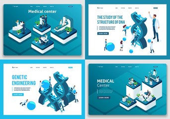 Set of landing pages of the isometric concept. Scientists research DNA structure, medical center, medical workers