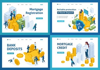 Set of landing pages of isometric concept of choosing banking products, mortgage, deposit, loan