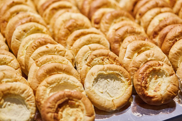 Fresh lush hand-made cheesecakes. Banquet table. Catering