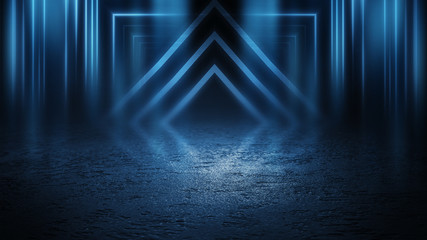 Fototapeta premium Empty background scene. Dark street reflection on the wet pavement. Rays neon light in the dark, neon figures, smoke. Night view of the street, the city. Abstract dark background.