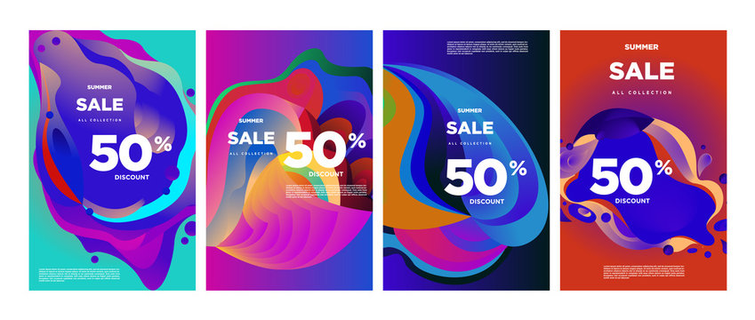 Vector summer sale 50% discount with fluid colorful background. Summer banner, website, poster, and sales promotion background set.