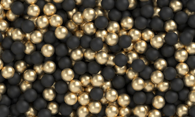 Black And Golden Realistic Spheres Background Close Up. Backdrop of metall balls with depth of field. Golden and black bubbles. Jewelry cover concept. 3d rendering. Decoration element for design.