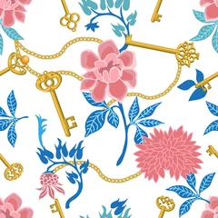 Printed roller blinds Floral element and jewels Floral print with golden keys.