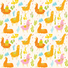 Vector summer seamless pattern with lamas and cactus. 