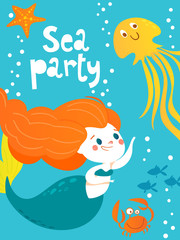 Vector cartoon summer poster with cute little mermaid