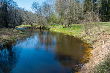 Fototapeta na wymiar Landscape with a small quiet river on a spring sunny day.