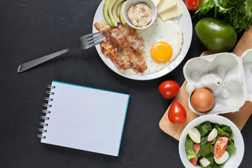 Keto breakfast: eggs, bacon, butter, tomatos,avocado, nutc, etc. on table. Flat lay. 