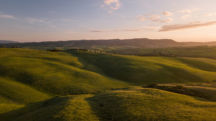 Colline con campi di grano coltivati in val d'orcia Toscana al tramonto