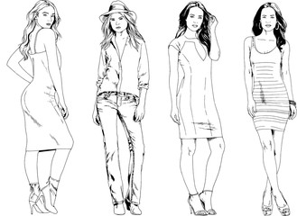 Fototapeta na wymiar vector drawings on the theme of beautiful slim sporty girl in casual clothes in various poses painted ink hand sketch with no background 