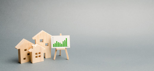 Wooden houses with a stand of graphics and information. Growing demand for housing and real estate....