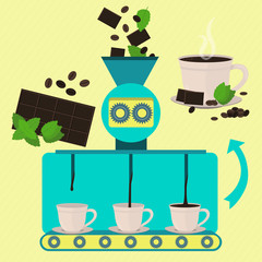 Coffee and hot chocolate cup with mint. Line series production. Factory of coffee and hot chocolate cup with mint. Mint leaf, chocolate bar and fresh bean coffee being processed and ground.