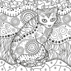 Abstract pattern with ornate cat. Square mandala. Hand drawn patterns on isolation background. Design for spiritual relaxation for adults. Black and white illustration for coloring