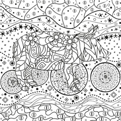 Monochrome wallpaper with ornate pig. Hand drawn waved ornaments on white. Abstract patterns on isolated background. Design for spiritual relaxation for adults. Line art. Black and white illustration