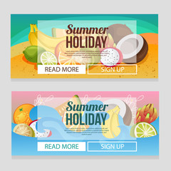 colorful summer holiday banner with exotic fruit