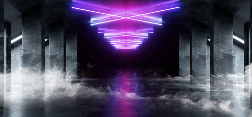 Smoke Neon Blue Purple Glowing X Shaped Sci Fi Futuristic Virtual Spaceship Abstract Triangle Fluorescent Glossy Metal Concrete Grunge Dark Empty Cinematic Corridor Room Hallway Entrance 3D Rendering