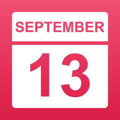 September 13. White calendar on a  colored background. Day on the calendar. Thirteenth of  september. Raspberry background with gradient. Simple vector illustration.