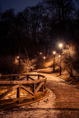 Petrin park at night, prague, czech republic, in winter