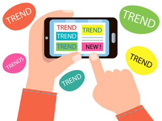 Searching trends concept. Human hands with smartphone mobile search on the internet new tendency. Vector illustration.