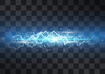 Lightning vector light effect. Decorative neon blue glowing lighting bolt, electrical discharge on transparent background with magical halo and sparkling stardust. Thunderbolt stream. Bursting flash.