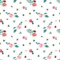 Wedding bridal watercolor seamless pattern, red and pink and green flowers wreath ornament