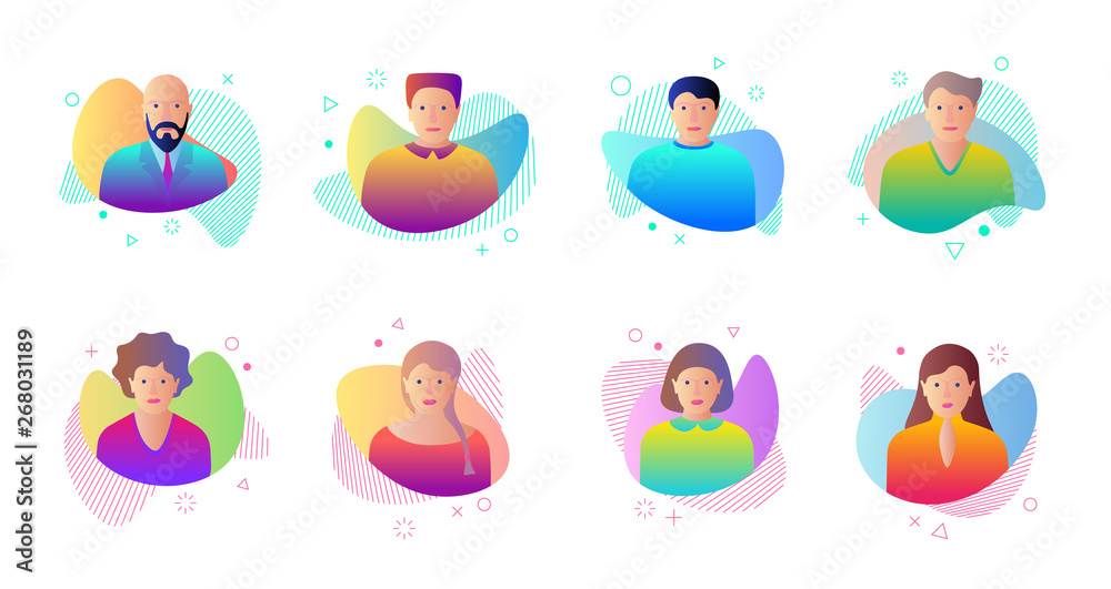 Wall mural man woman avatar set on dynamic modern liquid element graphic gradient flat style design fluid vecto